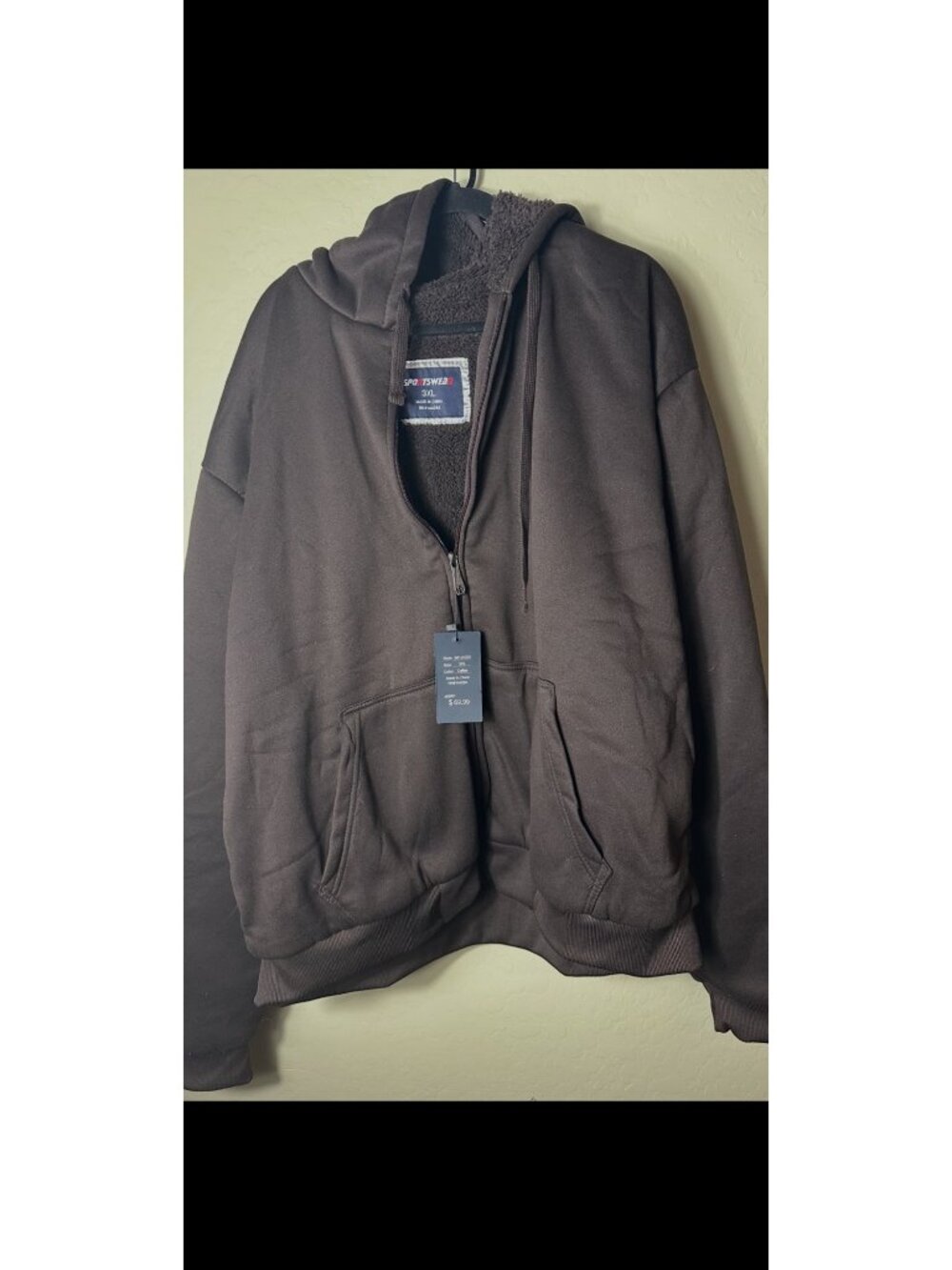 NWT Men's Sportwear Brown Hoodie Sherpa Lined 3XL